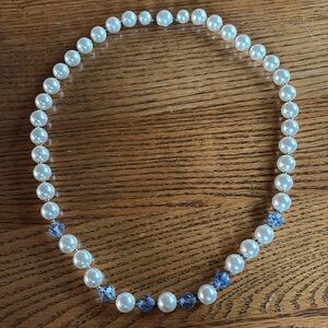 Pearl and blue faceted crystal beads 24” with clasp vintage